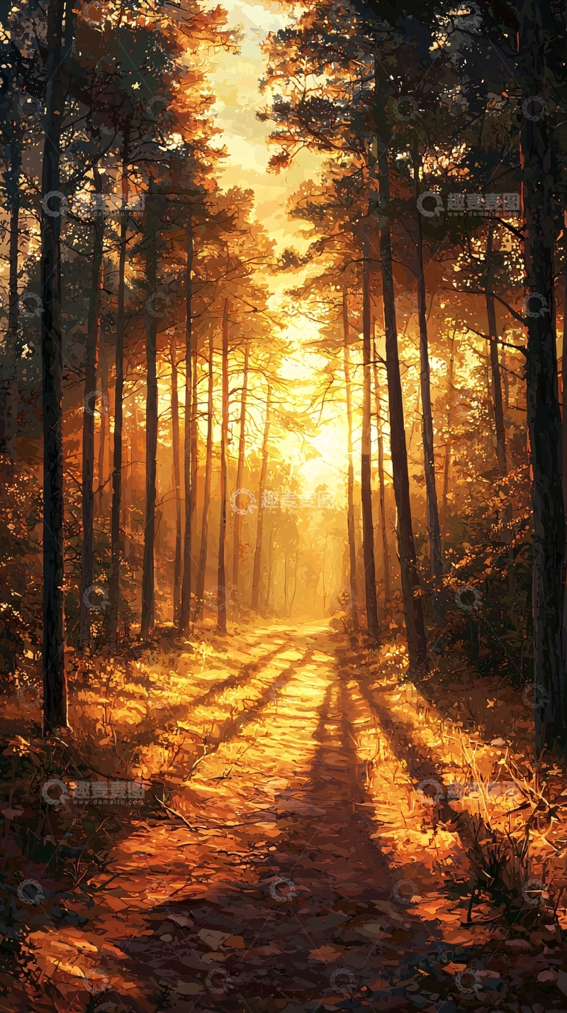 高清大图下载【趣麦麦图】夕阳西下森林小路