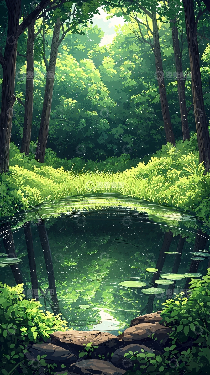 高清大图下载【趣麦麦图】宁静的森林水池