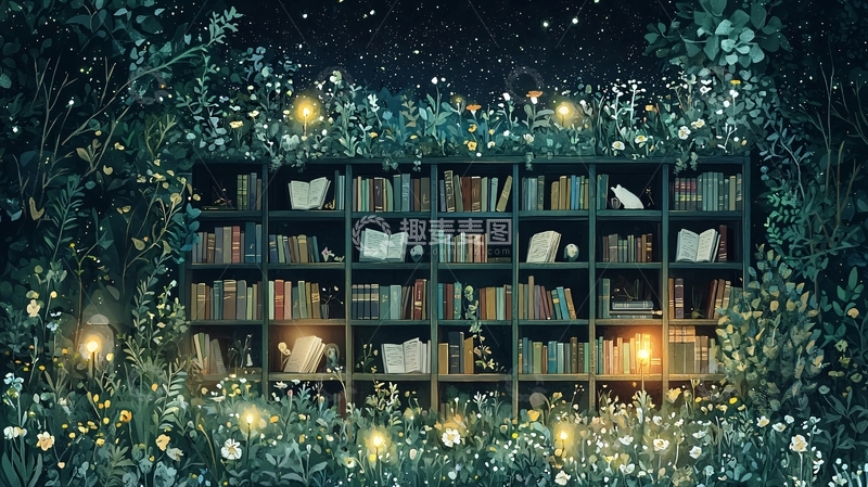 高清大图下载【趣麦麦图】星空下的绿意书架