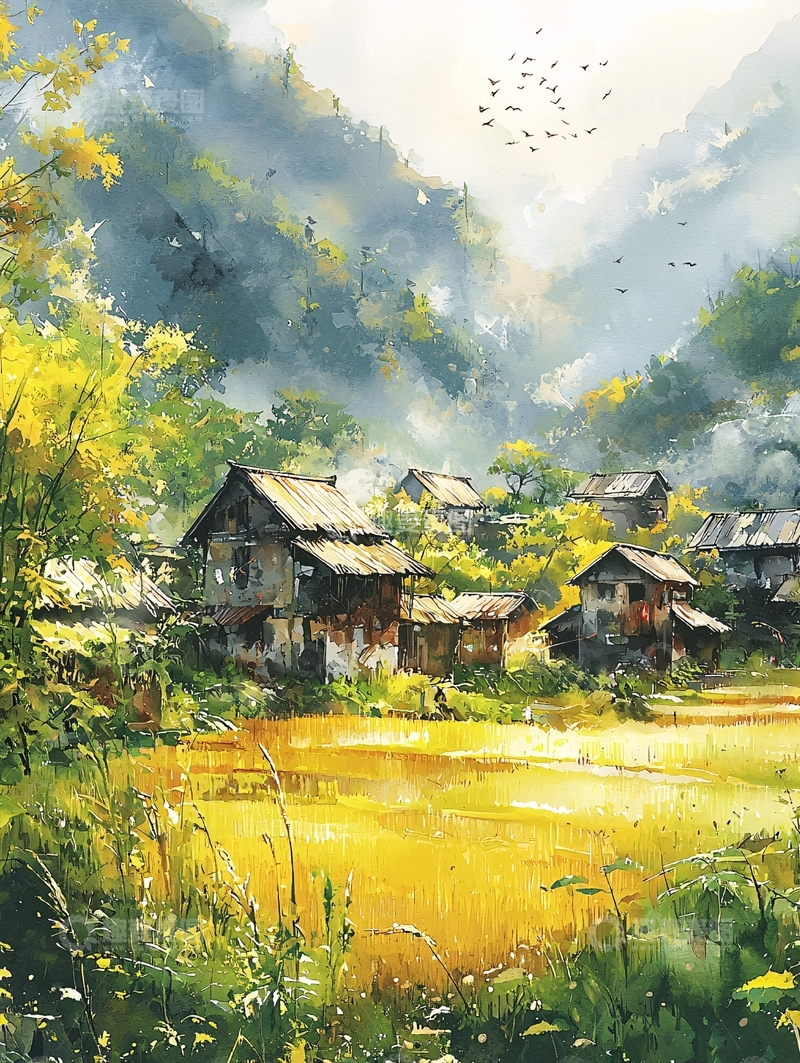 高清大图下载【趣麦麦图】水彩田园村庄风景