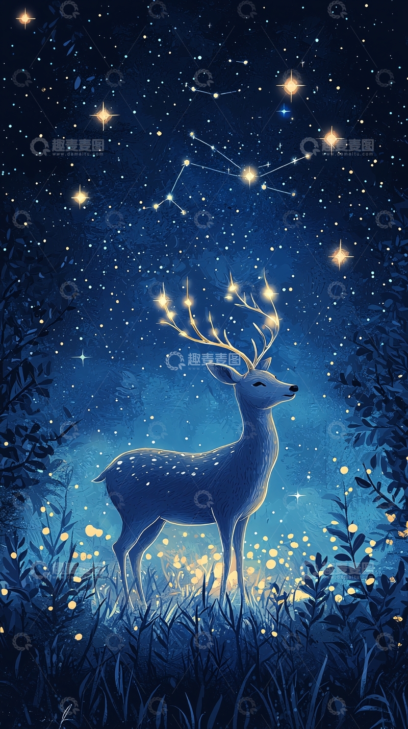 高清大图下载【趣麦麦图】星空下发光鹿的插画