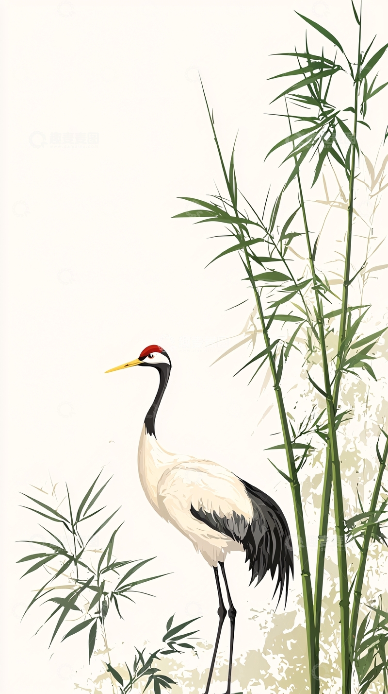 高清大图下载【趣麦麦图】仙鹤立于竹林旁