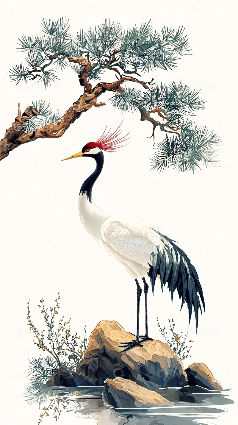 高清大图下载【趣麦麦图】水墨风仙鹤松树图