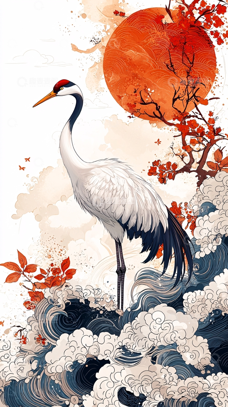 高清大图下载【趣麦麦图】红日仙鹤水墨画风