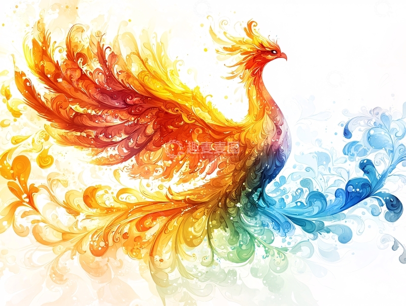 高清大图下载【趣麦麦图】彩色水彩凤凰图