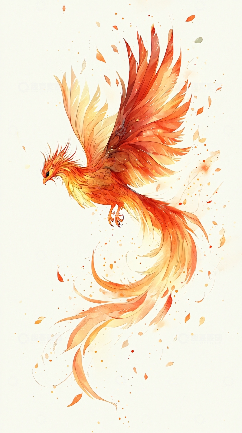 高清大图下载【趣麦麦图】火红色的凤凰水彩画