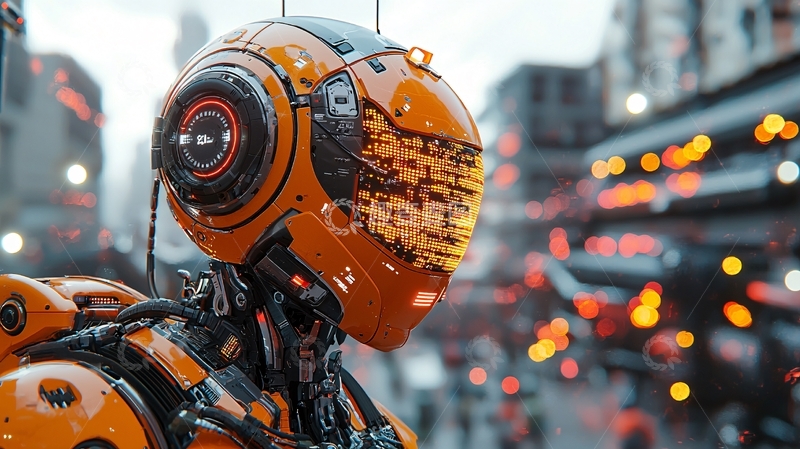 高清大图下载【趣麦麦图】橙色机器人城市背景
