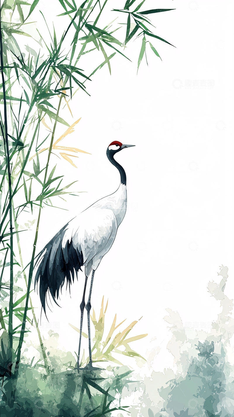 高清大图下载【趣麦麦图】水墨仙鹤竹林图