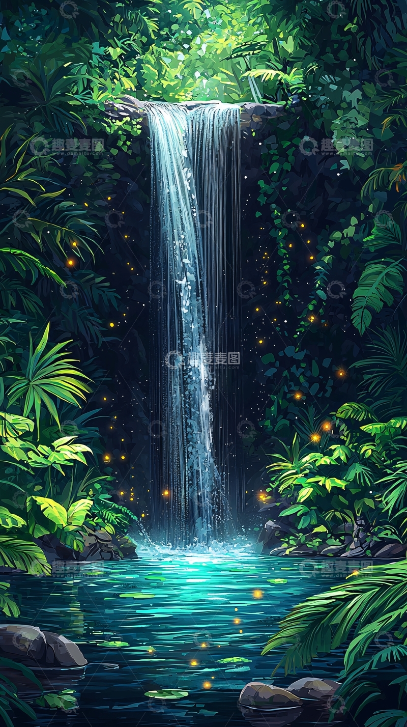 高清大图下载【趣麦麦图】郁郁葱葱的森林瀑布