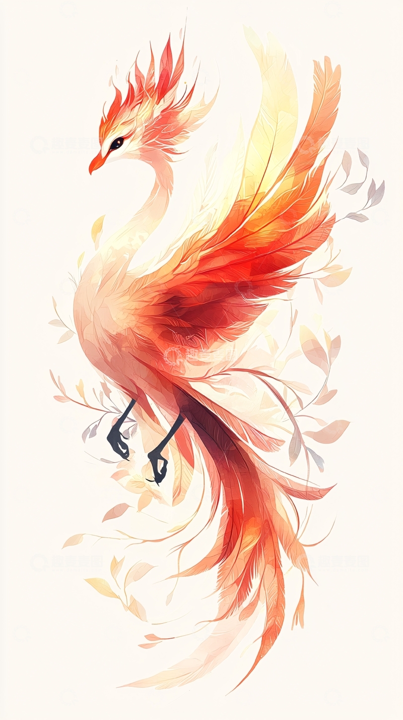 高清大图下载【趣麦麦图】火红色凤凰水彩画