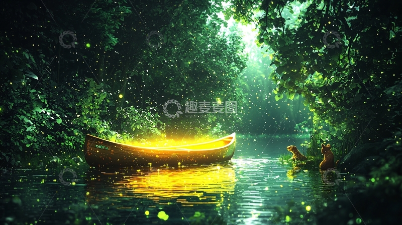 高清大图下载【趣麦麦图】萤火之光下的森林小船