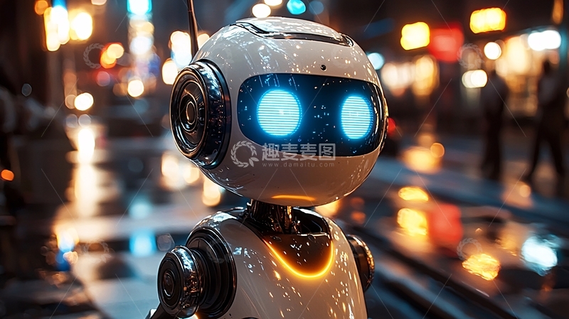 高清大图下载【趣麦麦图】夜间城市街道上的小机器人