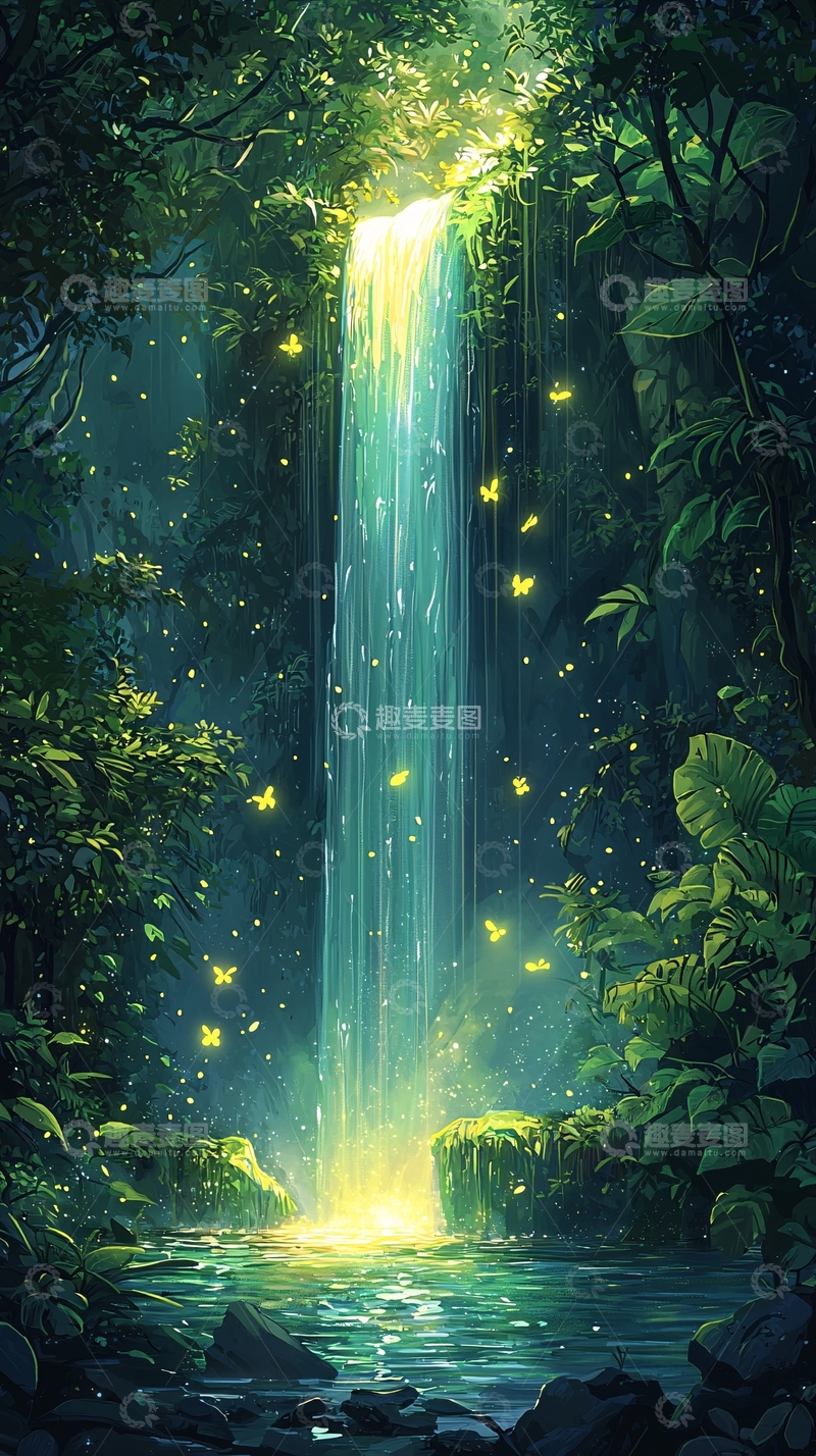 高清大图下载【趣麦麦图】梦幻森林瀑布