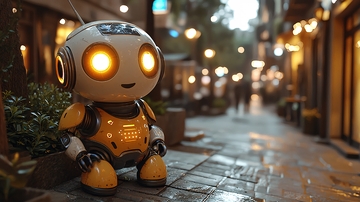 小机器人坐在夜晚街道