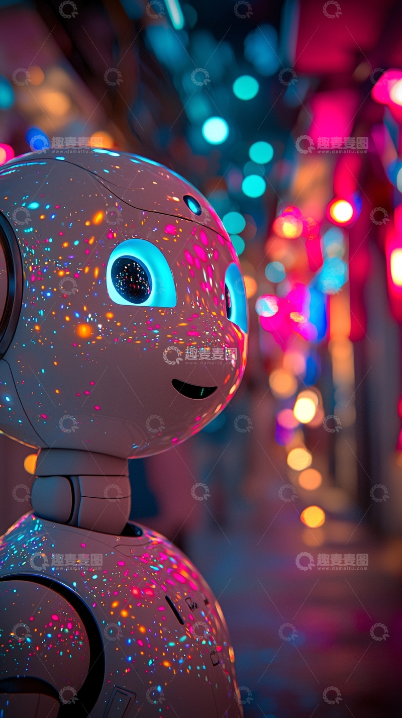 高清大图下载【趣麦麦图】炫彩灯光下的可爱机器人