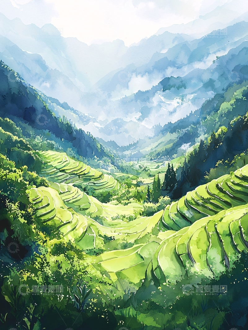 高清大图下载【趣麦麦图】绿色梯田山谷水彩画