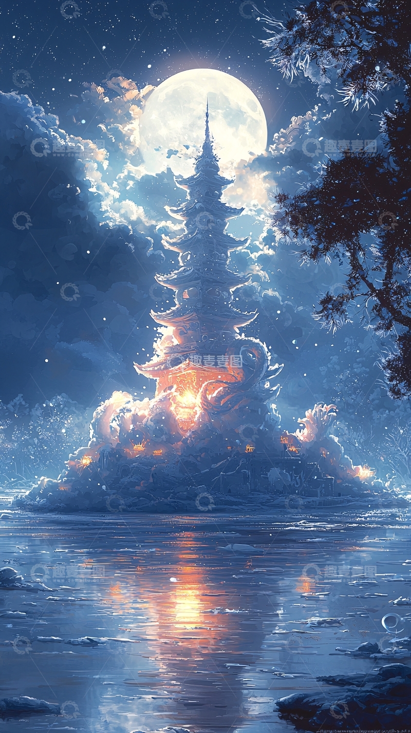 高清大图下载【趣麦麦图】月光下的塔