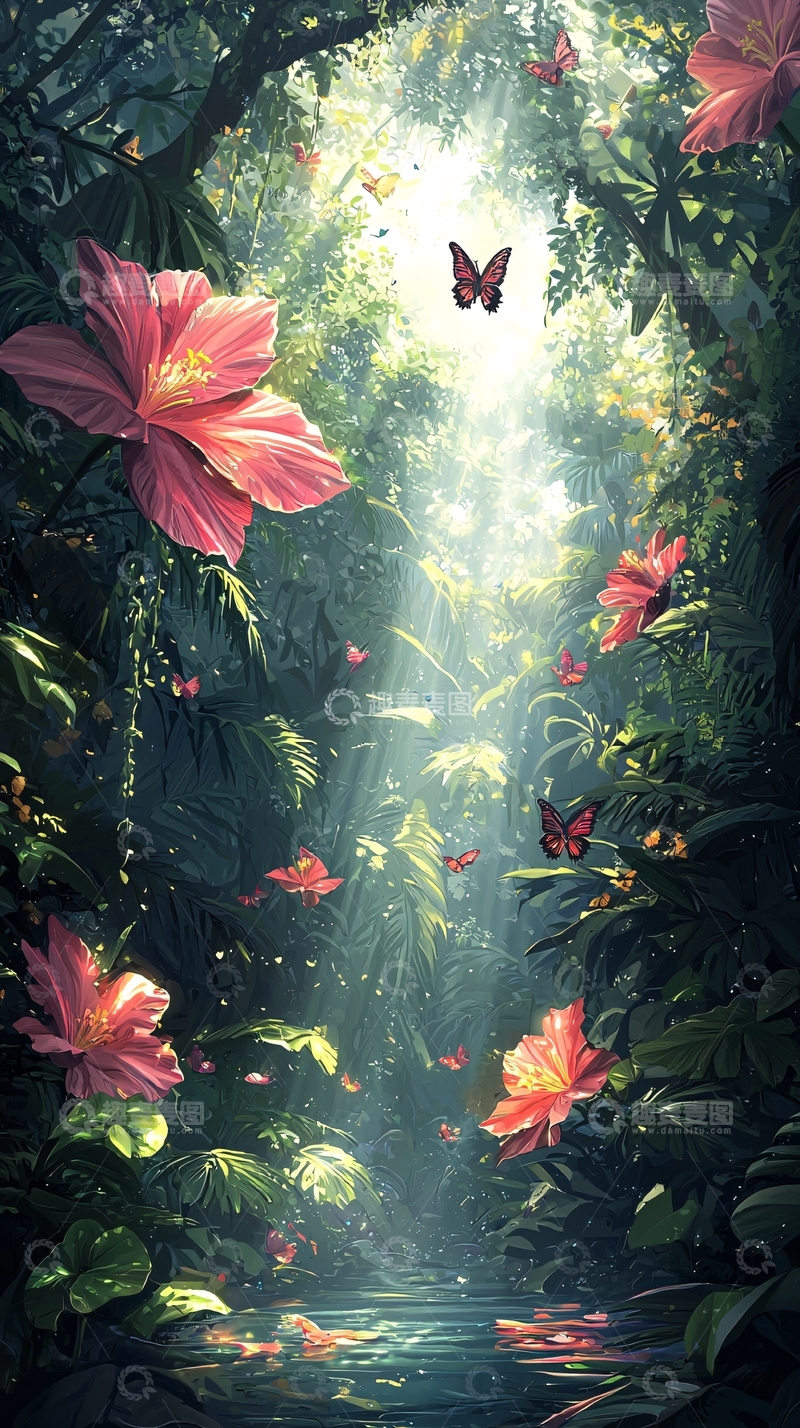 高清大图下载【趣麦麦图】热带雨林光线蝴蝶