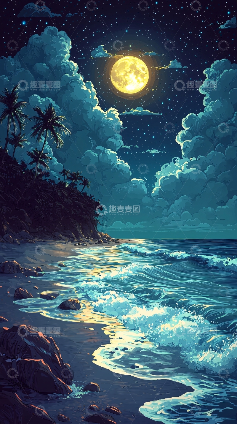 高清大图下载【趣麦麦图】月夜海滩的浪漫景色
