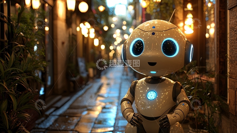 高清大图下载【趣麦麦图】可爱小机器人夜景街道