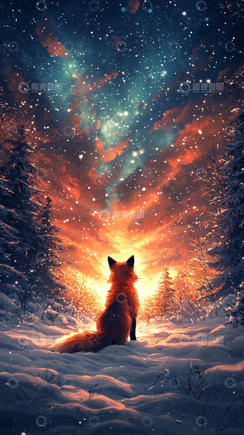 高清大图下载【趣麦麦图】狐狸仰望星空