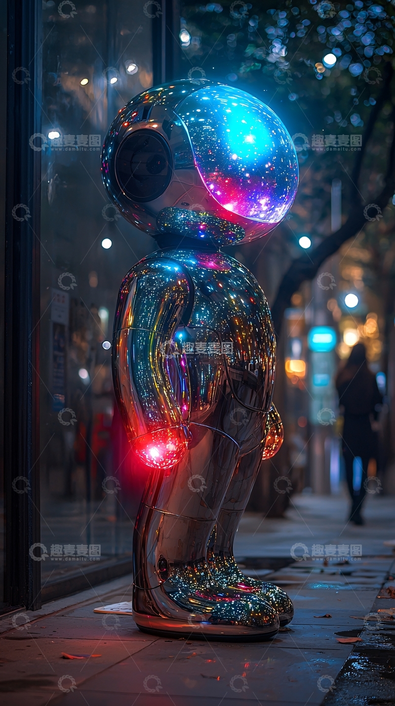 高清大图下载【趣麦麦图】夜间城市街景机器人雕塑