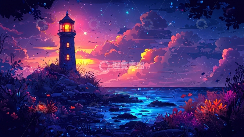 高清大图下载【趣麦麦图】梦幻星空下的灯塔
