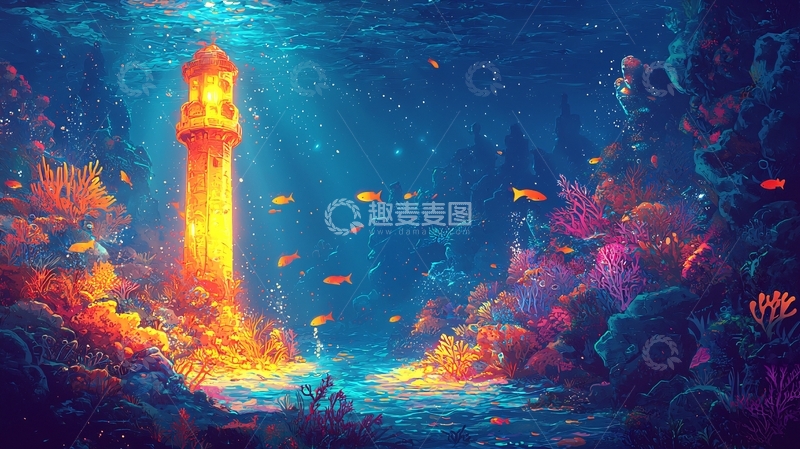 高清大图下载【趣麦麦图】水下灯塔珊瑚礁