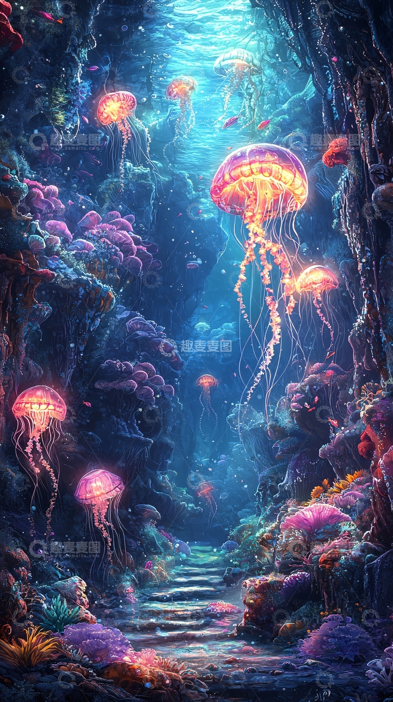 高清大图下载【趣麦麦图】水母在深海中发光