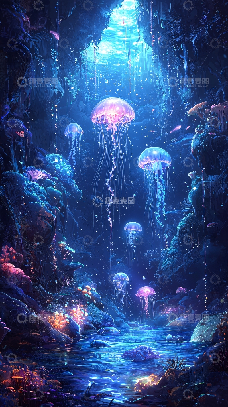 高清大图下载【趣麦麦图】深海发光水母洞穴