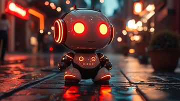 夜晚街道上的小机器人