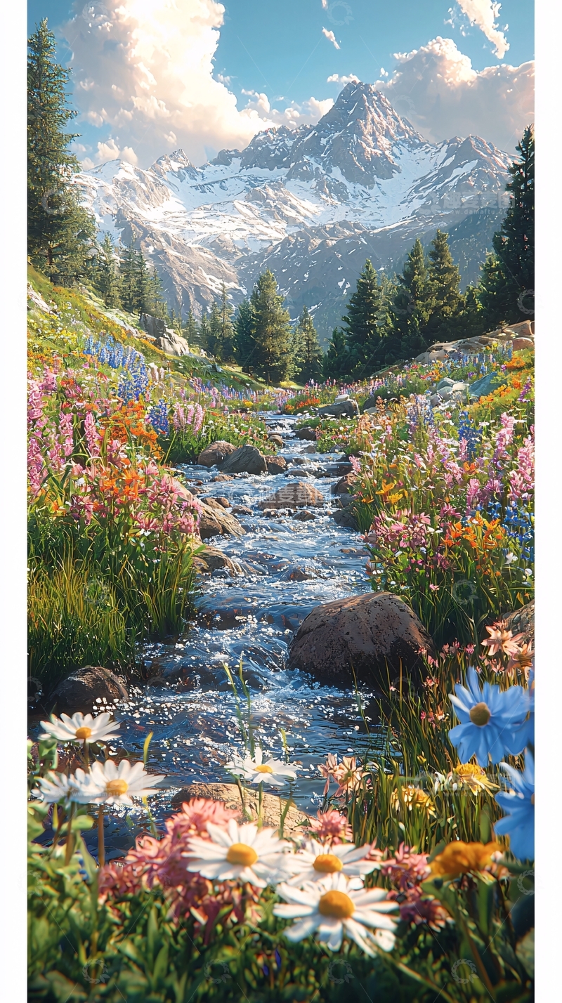 高清大图下载【趣麦麦图】鲜花盛开的山间溪流