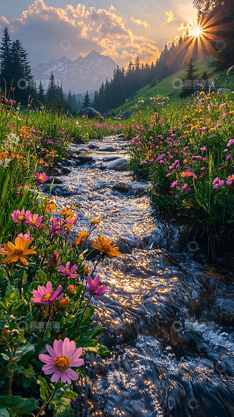 高清大图下载【趣麦麦图】山间溪流花海日落