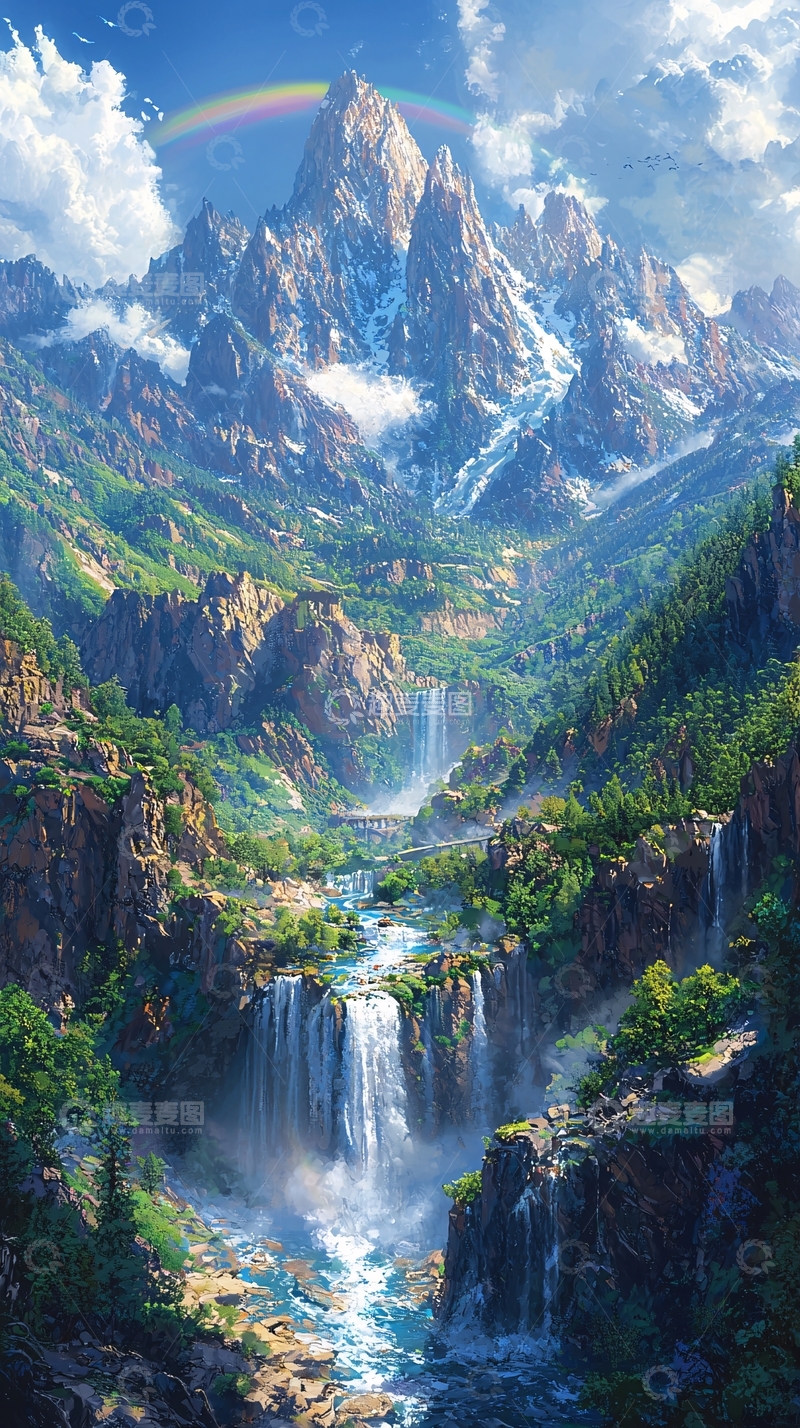 高清大图下载【趣麦麦图】彩虹山峰瀑布峡谷