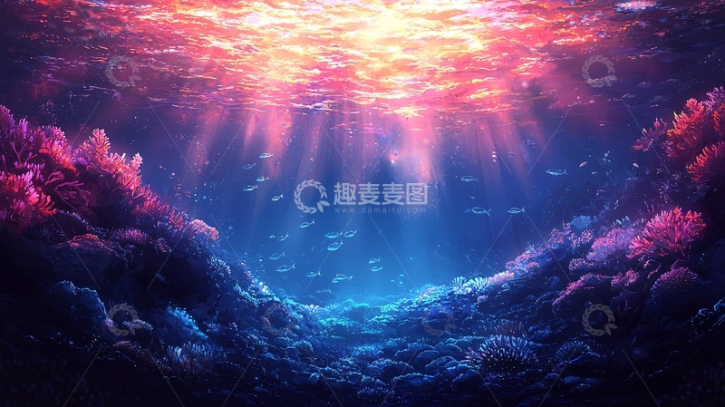 高清大图下载【趣麦麦图】海底世界光线梦幻珊瑚鱼群