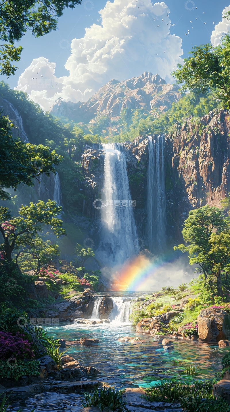 高清大图下载【趣麦麦图】山谷瀑布彩虹风景