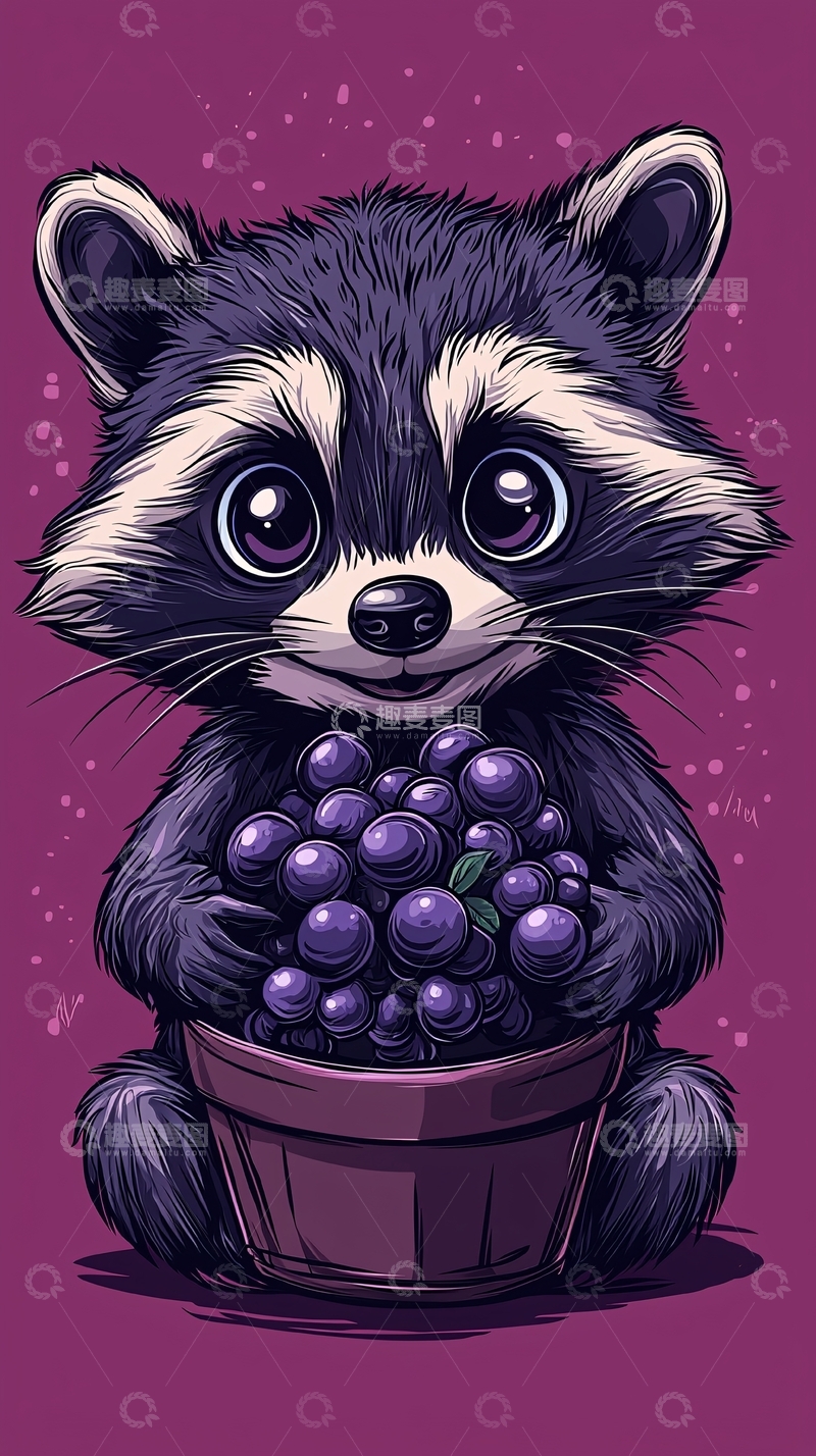 高清大图下载【趣麦麦图】可爱浣熊与葡萄