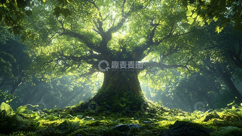 高清大图下载【趣麦麦图】阳光穿过树林照耀大树