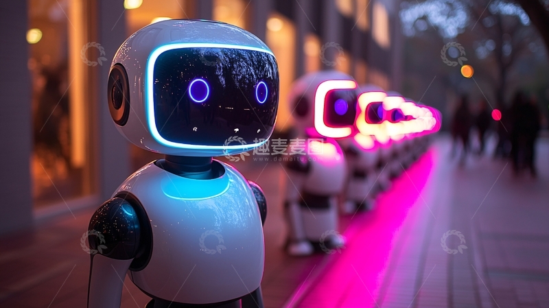 高清大图下载【趣麦麦图】城市夜景中的一排机器人