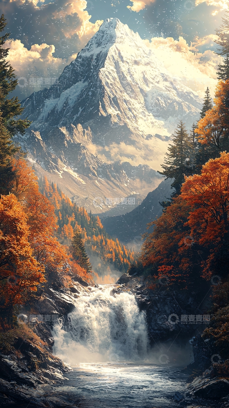 高清大图下载【趣麦麦图】壮丽雪山秋色瀑布