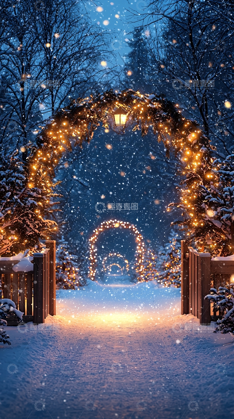 高清大图下载【趣麦麦图】冬日雪夜下的灯光拱门