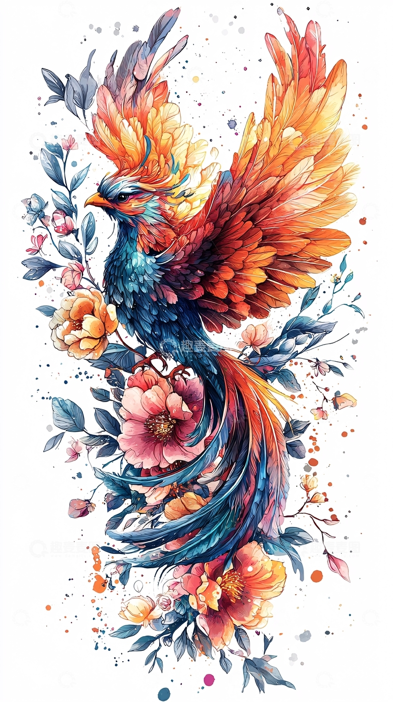 高清大图下载【趣麦麦图】水彩凤凰花卉图案
