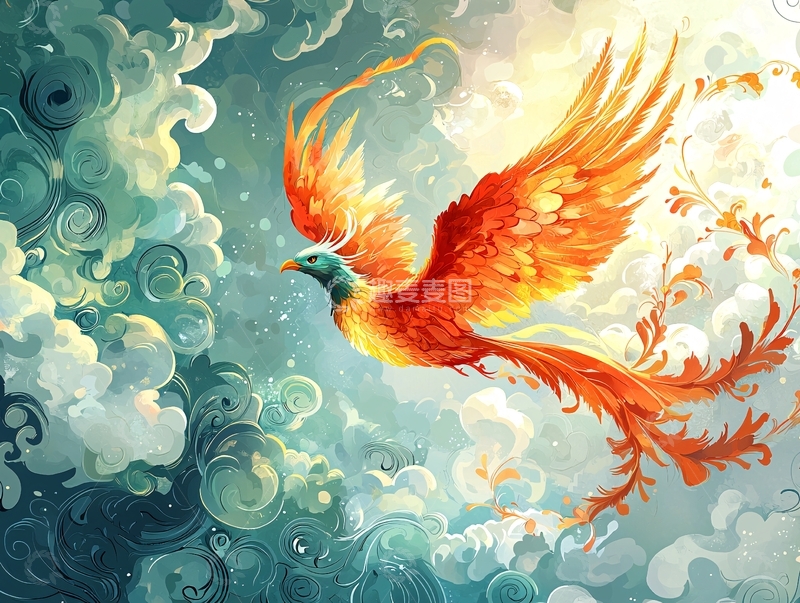 高清大图下载【趣麦麦图】火焰凤凰在云层中飞翔