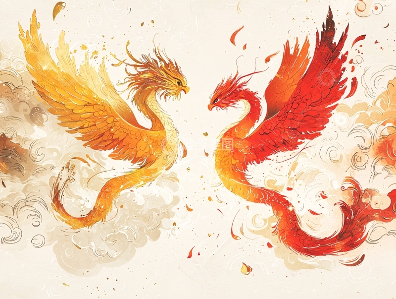 高清大图下载【趣麦麦图】金色红色双龙对视