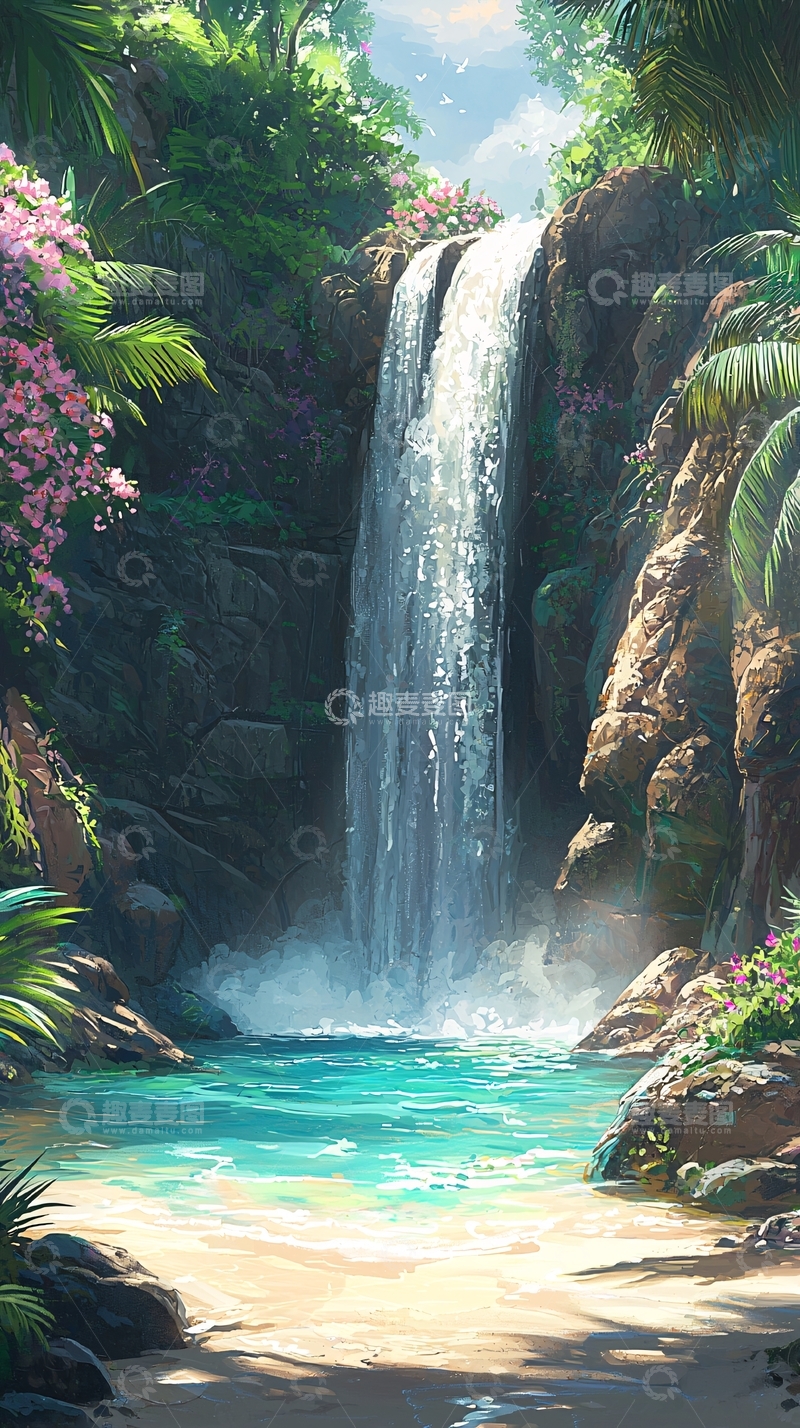 高清大图下载【趣麦麦图】热带雨林中的瀑布