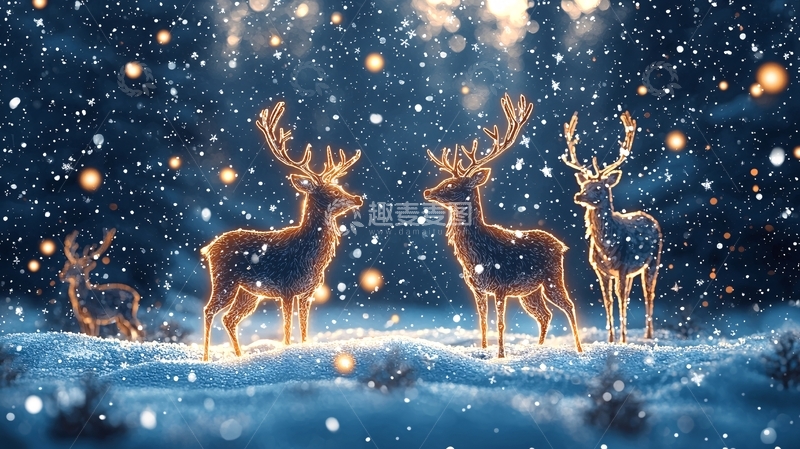 高清大图下载【趣麦麦图】雪地里的发光驯鹿