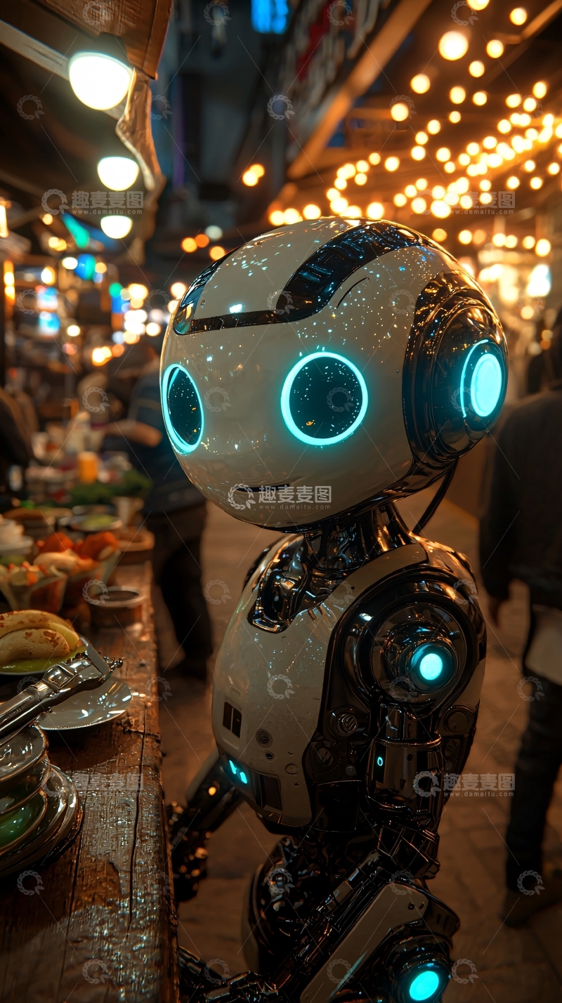 高清大图下载【趣麦麦图】夜市里可爱的机器人