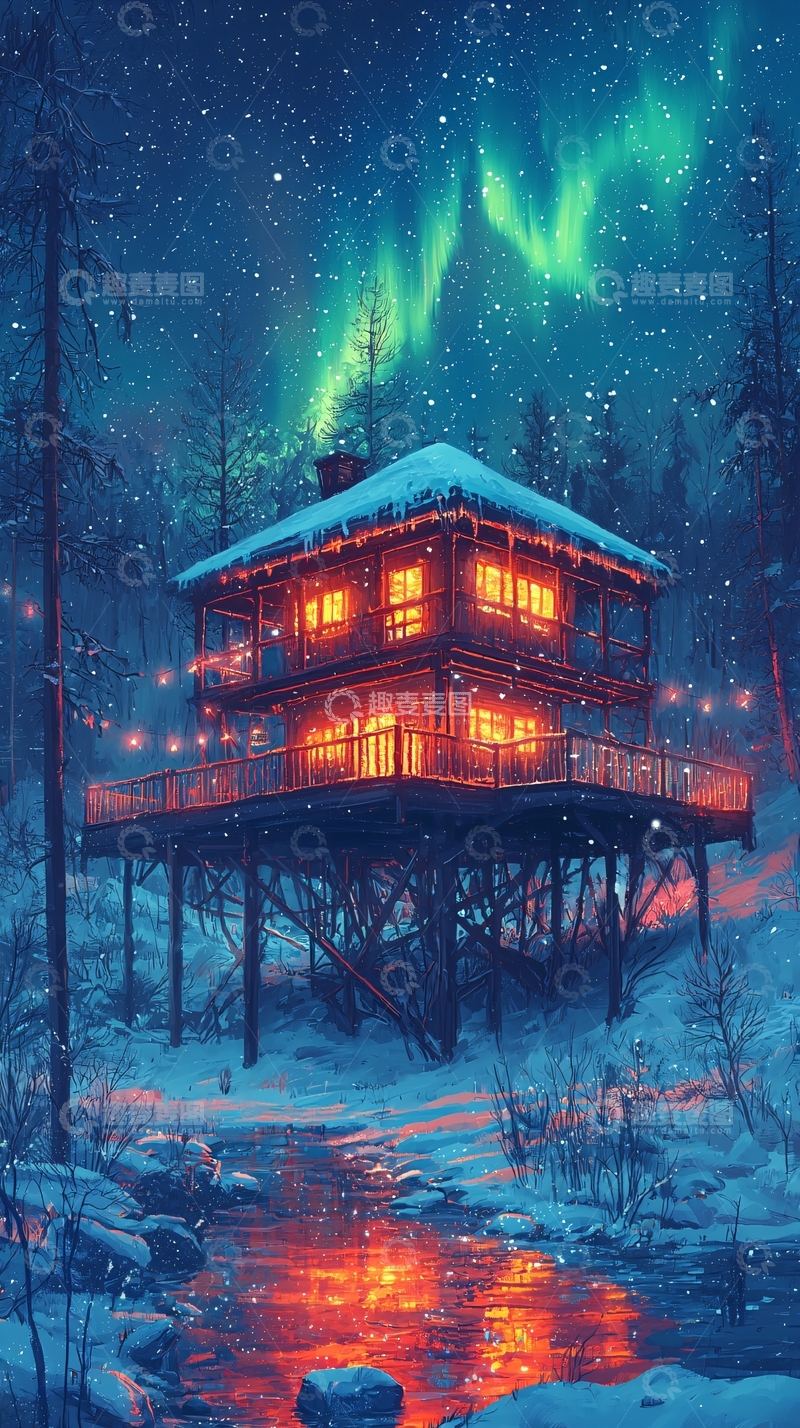 高清大图下载【趣麦麦图】极光下的雪中小屋