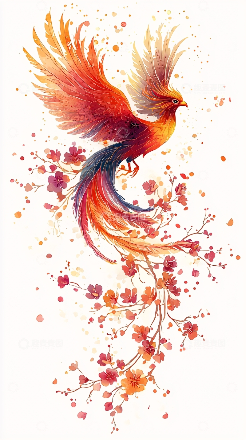 高清大图下载【趣麦麦图】水彩凤凰与花卉
