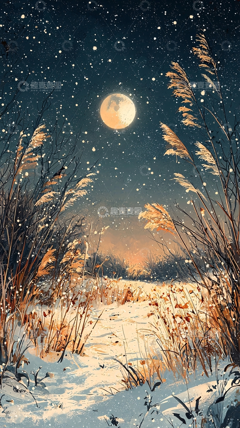 高清大图下载【趣麦麦图】雪地月夜芦苇